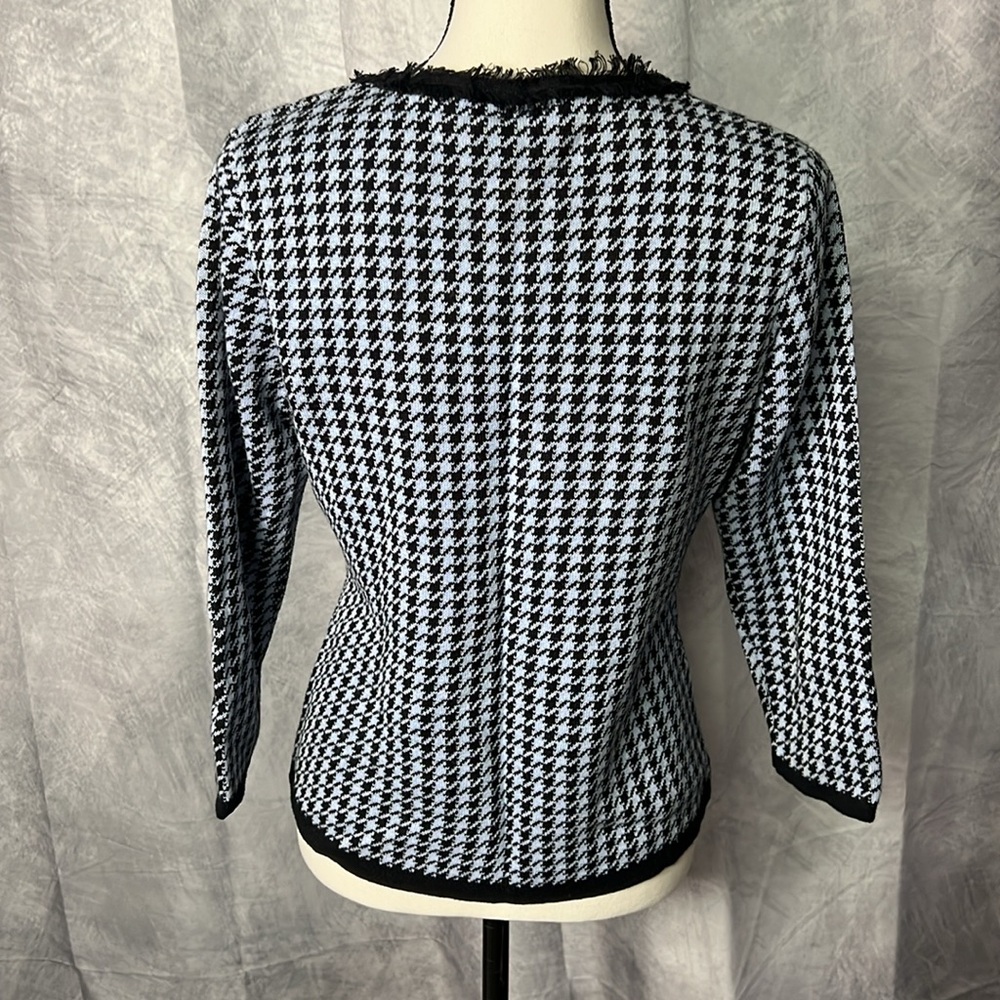 Crystal-Kobe Blue and Black Houndstooth Cardigan Sweater with Floral Pin Accent - Picture 5 of 11